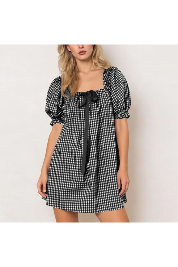 Bandage Mini Skirt Dress, Women's Plaid Flower Short Sleeve Design, Fashion Comfort Style, Perfect for Spring Summer Daily Casual Use Gift