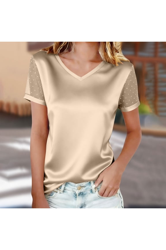 Casual Solid Color Women T Shirt Mesh Rhinestone Bubble Short Sleeve V Neck Loose Fit Soft Shiny Breathable Daily Lounge Street Wear Blouse Gift