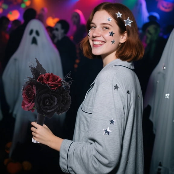 TaTaai 1Pcs Halloween Artificial Flowers Goth Artificial Bloody Roses Flower Bouquet, Artificial Eucalyptus