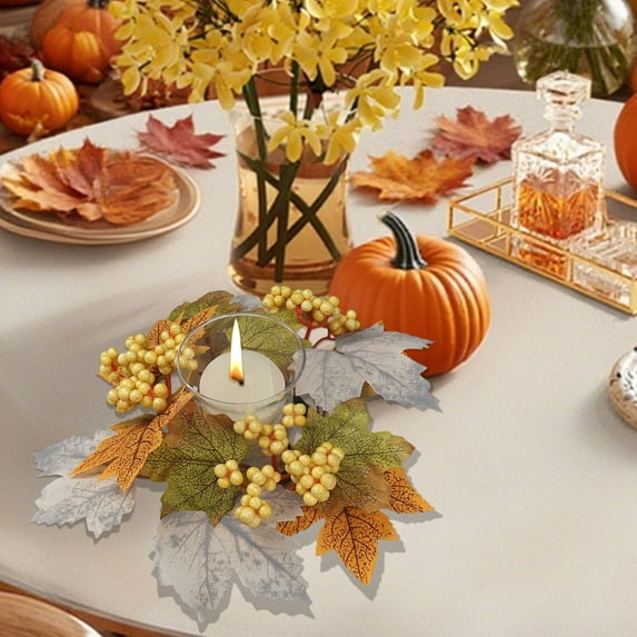 TaTaai 1Pcs Pumpkins Maple Leaves Candle Rings Wreaths with Pip Berry Fall Candle Rings Thanksgiving Day Ring Holder Mini Autumn Artificial for Wedding,Door Tabletop Decoration
