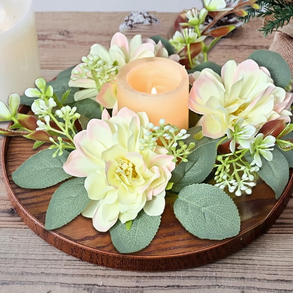 TaTaai 2Pcs Artificial Flowered Wreath Mini Floral Wedding Candle Rings Wreaths Pillar Candle Holder for Wedding Spring Summer Home Door Tabletop Decoration