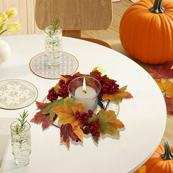 TaTaai 2Pcs Pumpkins Maple Leaves Candle Rings Wreaths with Pip Berry Fall Candle Rings Thanksgiving Day Ring Holder Mini Autumn Artificial for Wedding,Door Tabletop Decoration