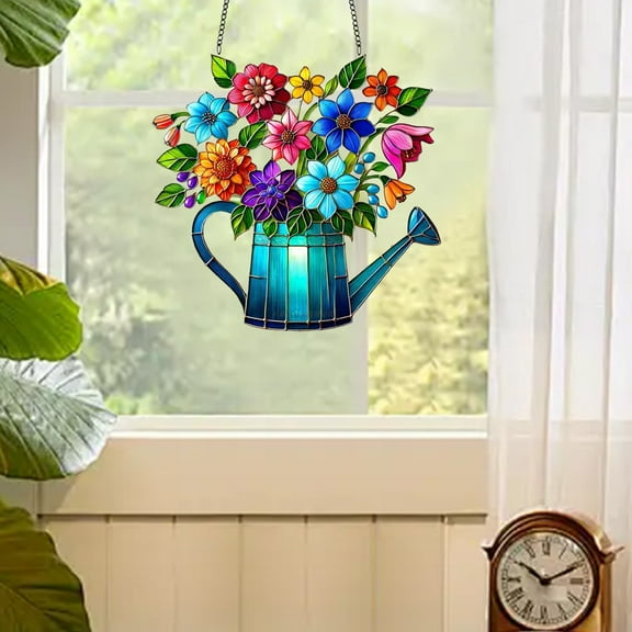 TaTaai 2Pcs Window Art Plant 2D Acrylic Decoration, Plant Suncatcher, Sun Catchers Hanging Ornament, for Indoor/Outdoor Home Pendant Ornaments, Flower And Water Kettle Style