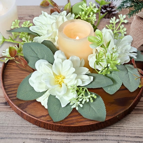 TaTaai 5Pcs Artificial Flowered Wreath Mini Floral Wedding Candle Rings Wreaths Pillar Candle Holder for Wedding Spring Summer Home Door Tabletop Decoration