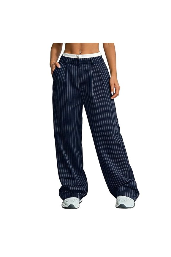 Drapey High Waisted Women Straight Leg Blazer Pants Patchwork Design Minimalist Machine Washable No Fading Casual Office Work Full Length Slacks Gift