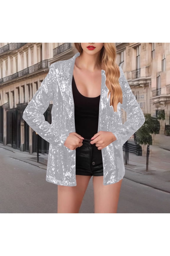 Elegant Sequin Blazer for Women, Lapel Collar Open Front Party Jacket, Shiny Top for Festive Occasions and Date Nights, Glamorous Wedding Guest Apparel Gift
