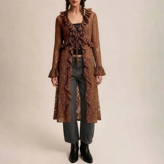 TaTaai Fall Cardigan Women Long Sleeve Deep V Neck Solid Sheer Ruffle Trim Flowy Cover Up Boho for Autumn