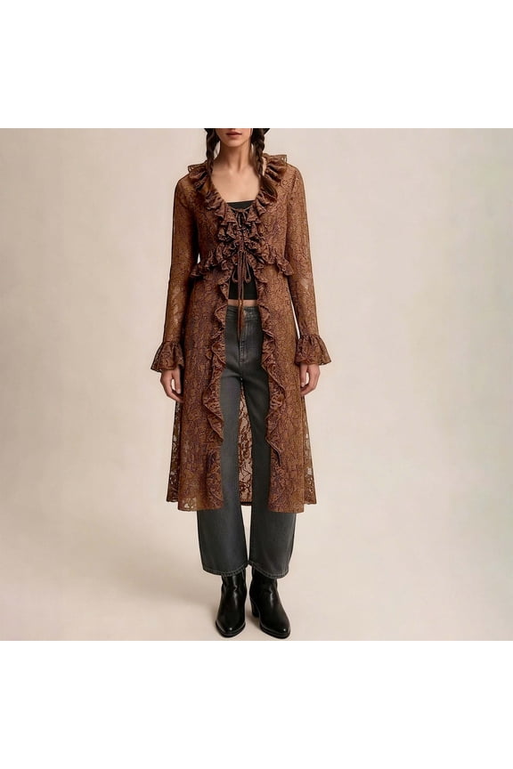 Fall Cardigan Women Long Sleeve Deep V Neck Solid Sheer Ruffle Trim Flowy Cover Up Boho for Autumn