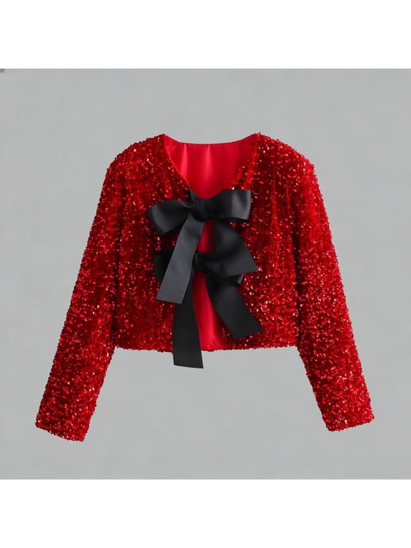 Fall Cardigan Women Long Sleeve Sequin Bow Detail Open Front Crop Jacket Sparkly Party Casual for Evening