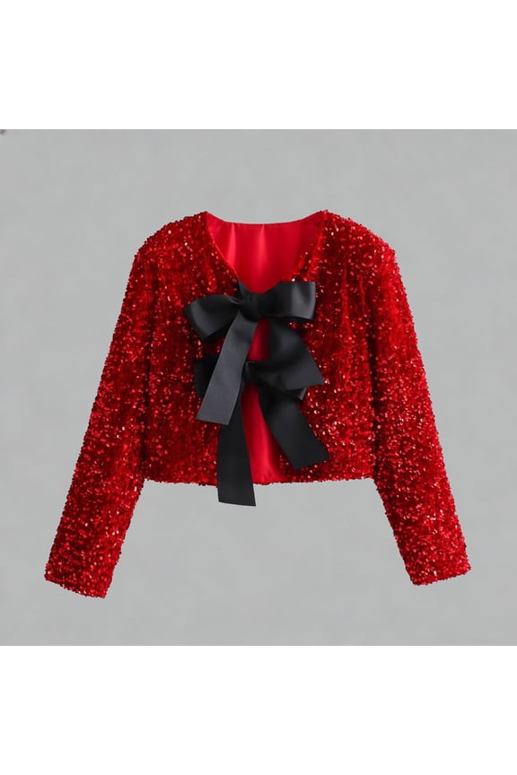 Fall Cardigan Women Long Sleeve Sequin Bow Detail Open Front Crop Jacket Sparkly Party Casual for Evening
