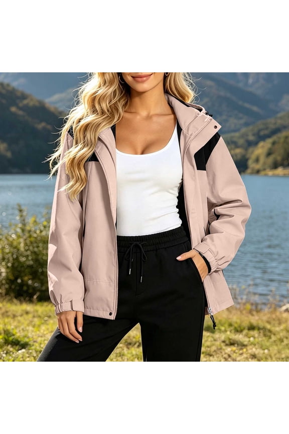 Fall Color Block Hooded Jacket Women Long Sleeve Full Zip Stand Collar with Pockets Loose Casual for Autumn