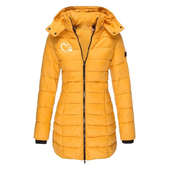 TaTaai Fall Hooded Padded Jacket Women Long Sleeve Mid Length Printed Quilted Coat Casual Warm for Winter
