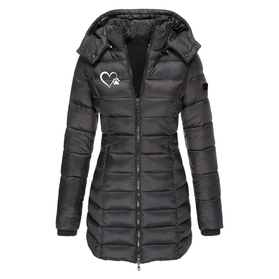 TaTaai Fall Hooded Padded Jacket Women Long Sleeve Mid Length Printed Quilted Coat Casual Warm for Winter