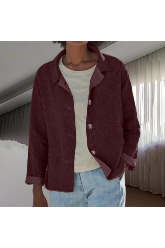 Fall Jacket Women Long Sleeve Lapel Solid Button Down Hoodless Casual Coat Lightweight for Autumn