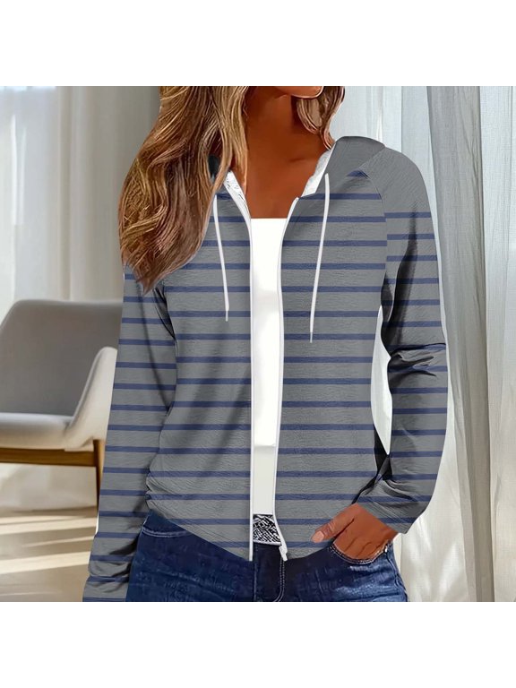 Fall Loose Hoodie Jacket Women Long Sleeve Zip Front Printed Cardigan Casual Cozy for Winter