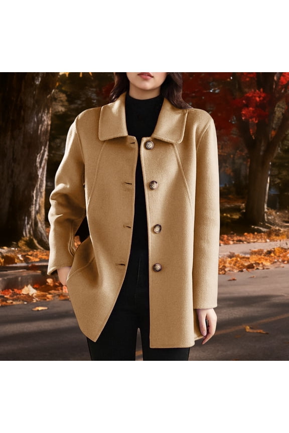 Fall Mid Length Wool Coat Women Long Sleeve Solid Stand Collar Pea Jacket with Pockets Casual for Autumn
