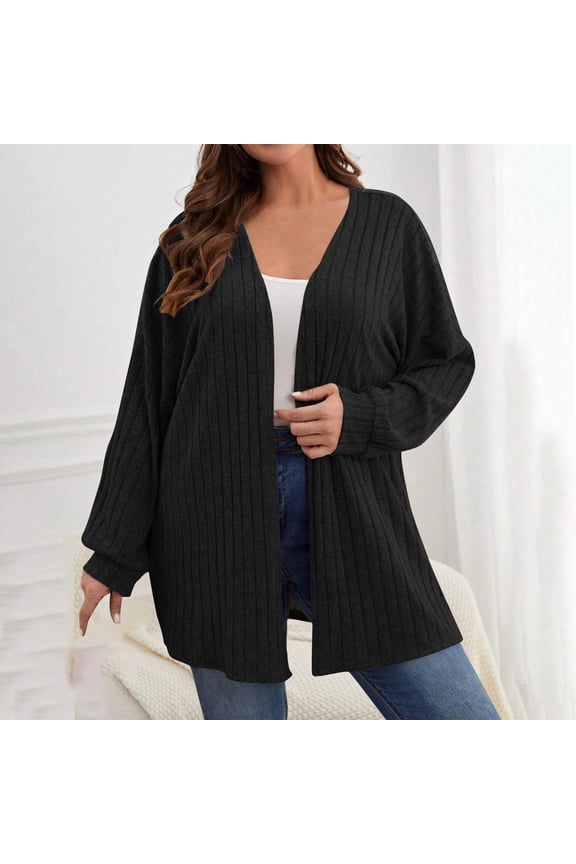 Fall Ribbed Knit Cardigan Women Long Sleeve Round Neck Solid Oversized Open Front Jacket Casual for Winter