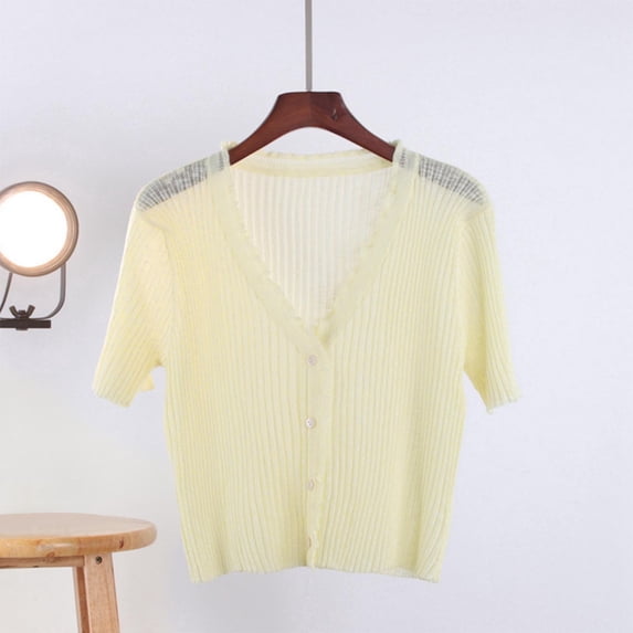TaTaai Fall Short Sleeve Cardigan Women V Neck Solid Knit Button Sun Protection Lightweight Top for Summer