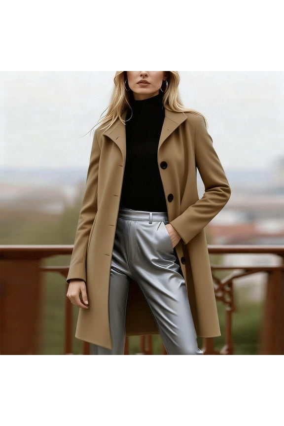 Fall Slim Fit Wool Coat Women Long Sleeve Lapel Single Breasted Mid Length Solid Jacket for Office