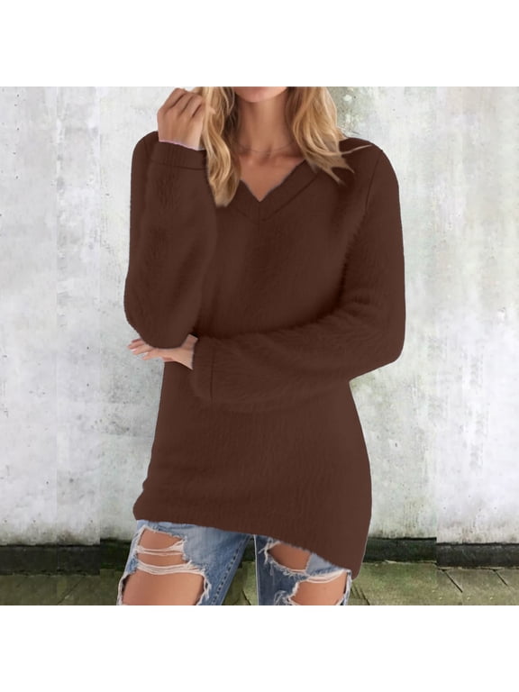 Fall Thermal Top Women Long Sleeve V Neck Solid Fleece Pullover Warm Soft Cozy for Winter