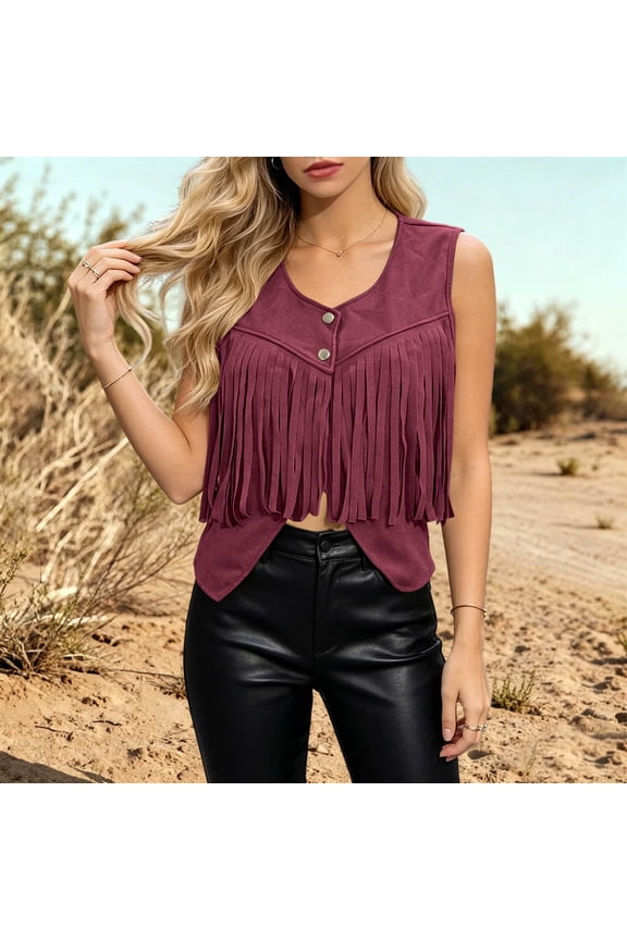 Fall Western Fringe Vest Women Sleeveless V Neck Button Front Cropped Boho Cardigan for Festival