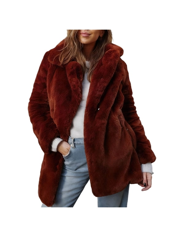 Fall Winter Coat Women Long Sleeve Solid Faux Fur Warm Jacket Plush Soft Outerwear for Cold Days