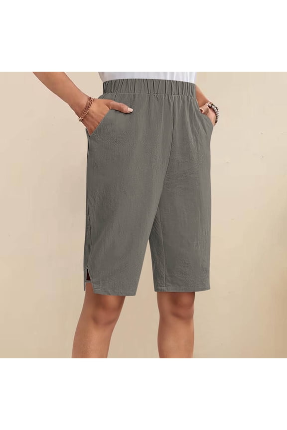 Fashion Women's Solid Color Half Pants, Elastic High Waist, Pockets Feature, Sashes Detail, Casual Sport Style, Suitable for Seaside Holidays, Easy-Care Fabric Gift