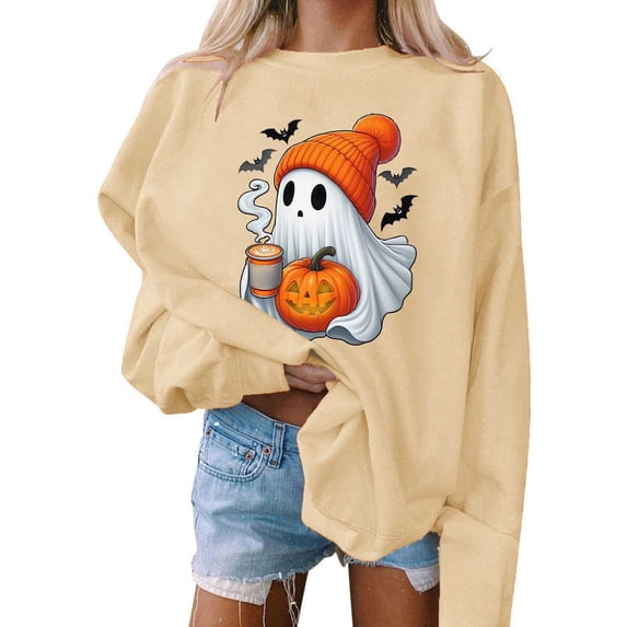 TaTaai Halloween Sweatshirt Women Plus Size Long Sleeve Round Neck Printed Loose Hoodless Top Breathable for Travel