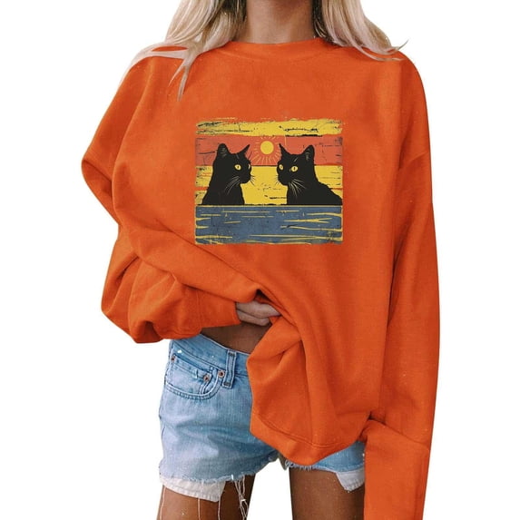 TaTaai Halloween T Shirt for Women Long Sleeve Round Neck Holiday Print Loose Hoodless Pullover Lightweight for Party