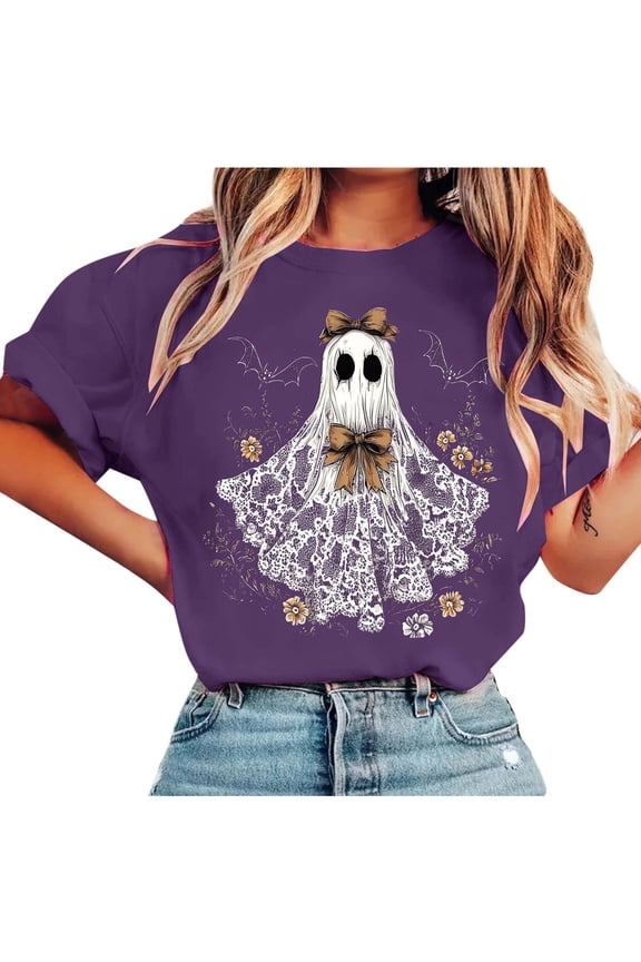 Halloween T Shirt for Women Short Sleeve Round Neck Ghost Print Loose Blouse Breathable for Summer