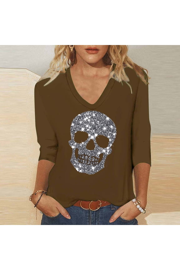 Halloween Tops Women 3/4 Sleeve V Neck Skull Print Loose Blouse Casual for Fall