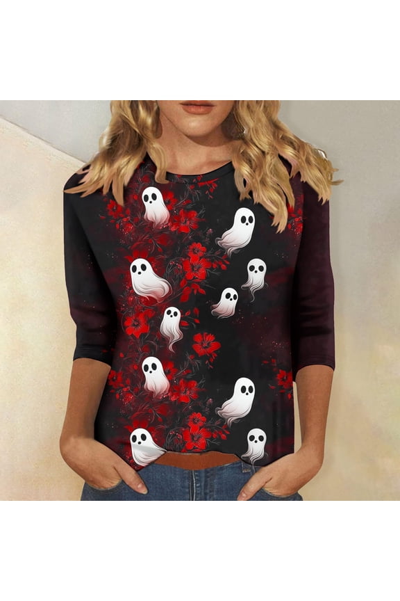 Halloween Tops for Women 3/4 Sleeve Round Neck Ghost Print Loose T Shirt Casual Soft for Home