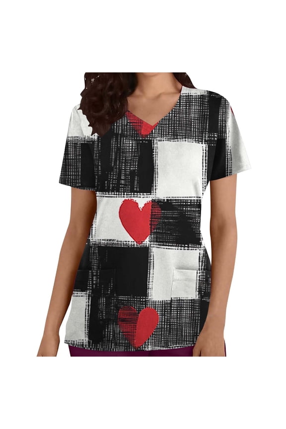 Heart Print Women Scrub Blouse 100 Cotton Classic Fit Short Sleeve V Neck Side Pocket Machine Washable No Fading Medical Work Daily Top Gift