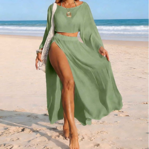 TaTaai Ladies Beach Cover-up Two-piece Set Slit Sleeveless V-Neck Sheer Swimsuit Coverup Sunscreen Lightweight Breathable Polyester Spandex Summer Vacation Gift