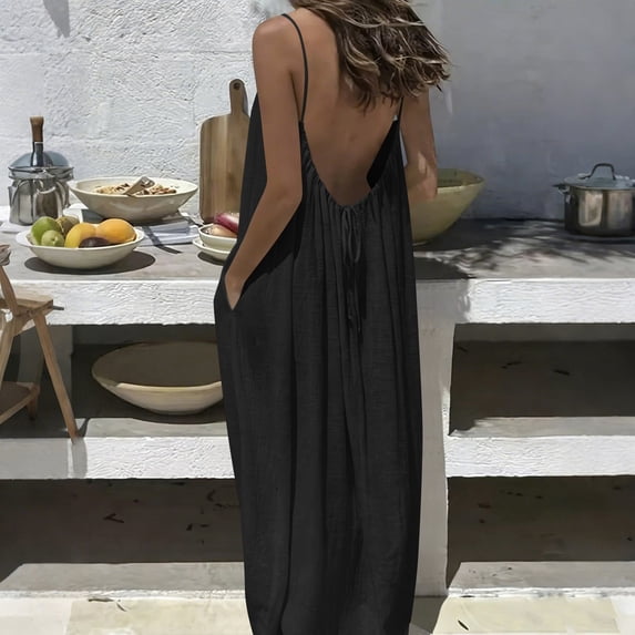 TaTaai Ladies Casual Loose Fit Backless Maxi Dress Solid Color Sleeveless Round Neck Loungewear with Pockets Gift