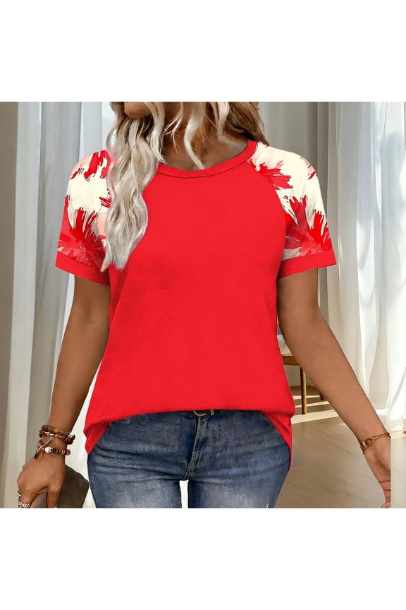 Ladies Casual Spring Summer Top Breathable Cotton Raglan Short Sleeve T-Shirt Relaxed Fit Round Neck Random Allover Print Daily Wear Fashion Streetwear Tee Gift