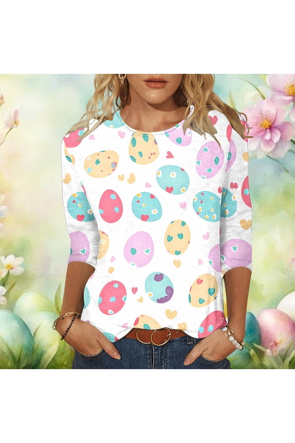 Ladies Easter Print 3/4 Sleeve Crew Neck Casual Top Fashion Floral Eggs Design Soft Top for Spring Picnics Office Casual Daily Wear Gift