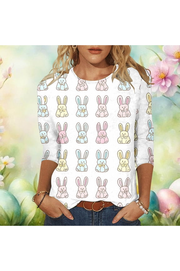 Ladies Fashion 3/4 Sleeve Crew Neck Easter Eggs Floral Print Casual Top Soft Breathable for Spring Easter Celebrations Daily Streetwear Gift