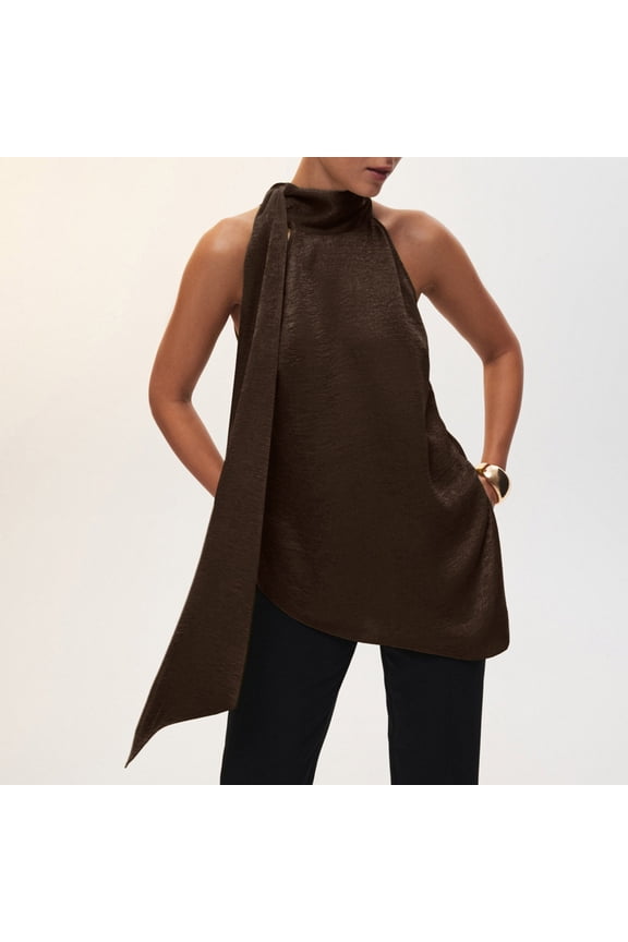 Ladies Fashion Halter Neck Sleeveless Irregular Drape Scarf Solid Color Top Elegant Satin-Like Blouse for Office Work Dinner Dates All Season Gift