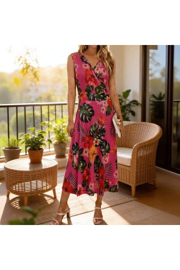 Ladies Sleeveless V-Neck High Waisted Printed Casual Dress High Elastic Comfortable Fabric Slim Fit Fashion Dress for Spring Summer Daily Life Gift