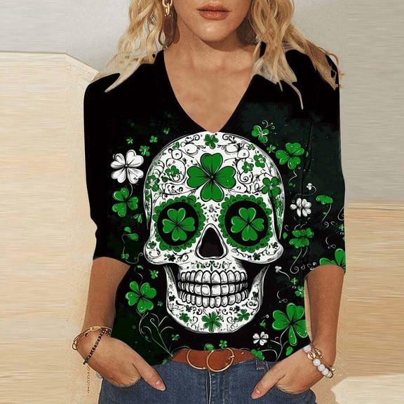 TaTaai Ladies T-Shirt St. Patrick's Day Fashion Print V-Neck 3/4 Sleeve Loose Women Daily Festival Shopping Wear No Fading Breathable Versatile Basic Top Gift
