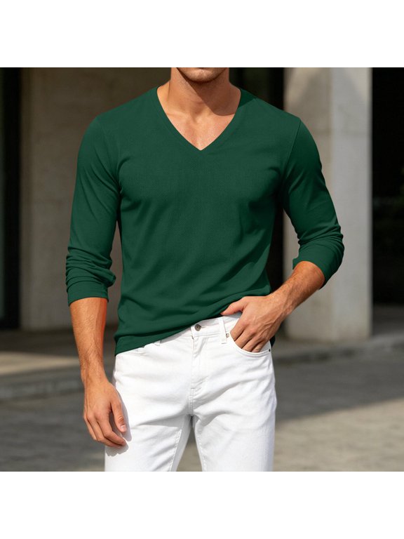 Men V Neck Long Sleeve Pullover Solid Mesh Breathable Casual Lightweight Summer Tee