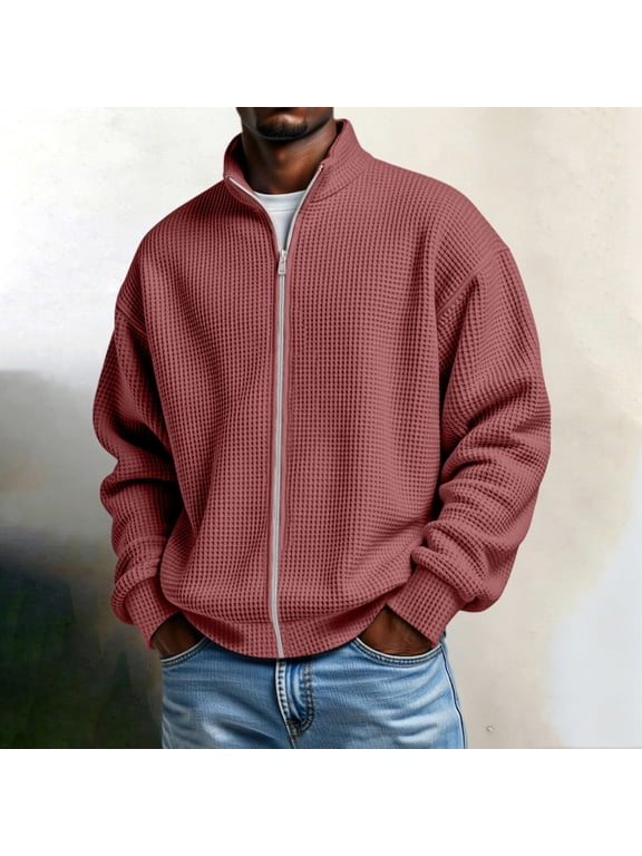 Men Waffle Knit Zip Front Cardigan Sweatshirt Solid Long Sleeve Casual Warm Winter Layering Jacket