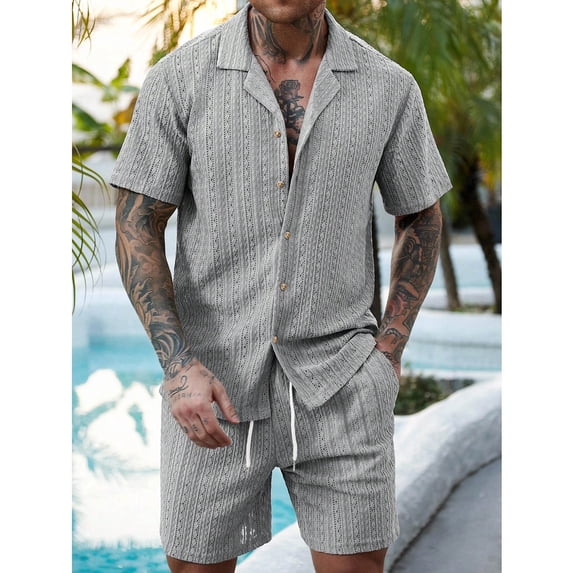 TaTaai Men casual solid color two piece set with lapel button hollow short sleeve shirt and elastic waist drawstring shorts for beach vacation outfit Gift