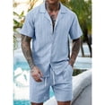 thumbnail image 1 of TaTaai Men casual solid color two piece set with lapel button hollow short sleeve shirt and elastic waist drawstring shorts for beach vacation outfit Gift, 1 of 6