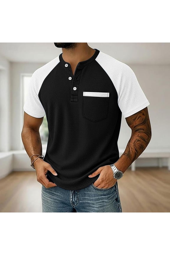 Men's Color Block Waffle Knit Short Sleeve T-Shirt with Raglan Sleeves, Button Placket, and Casual Comfortable Fit Gift