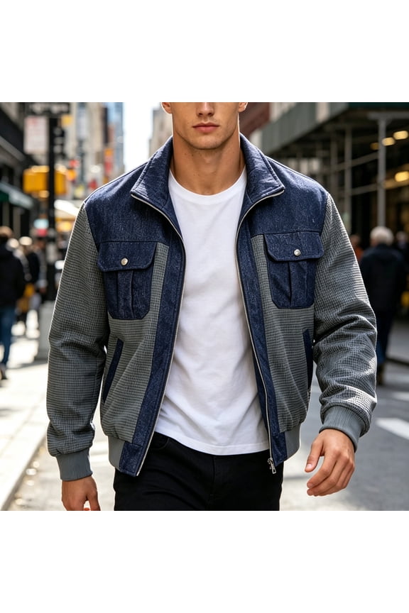 Men’s Corduroy Color Block Zip Up Jacket Stand Collar Patchwork Long Sleeve Casual Outerwear Loose Fit for Fall Daily Commute