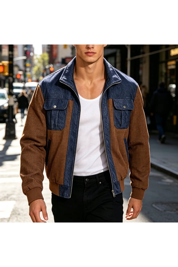 Men’s Corduroy Color Block Zip Up Jacket Stand Collar Patchwork Long Sleeve Casual Outerwear Loose Fit for Fall Daily Commute