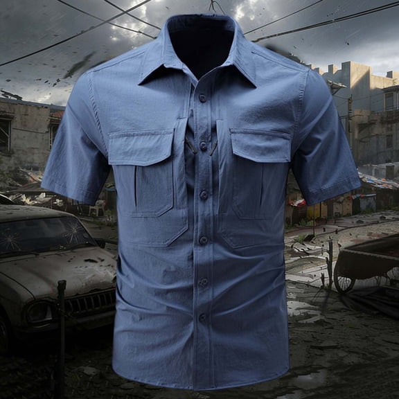 TaTaai Men's Outdoor Quick-Dry Short Sleeve Shirt with Multi Pockets, Zip Closure, Breathable Fabric, and Loose Tactical Fit Gift