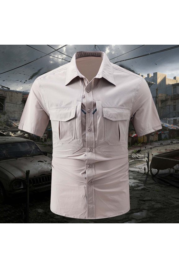 Men's Outdoor Quick-Dry Short Sleeve Shirt with Multi Pockets, Zip Closure, Breathable Fabric, and Loose Tactical Fit Gift